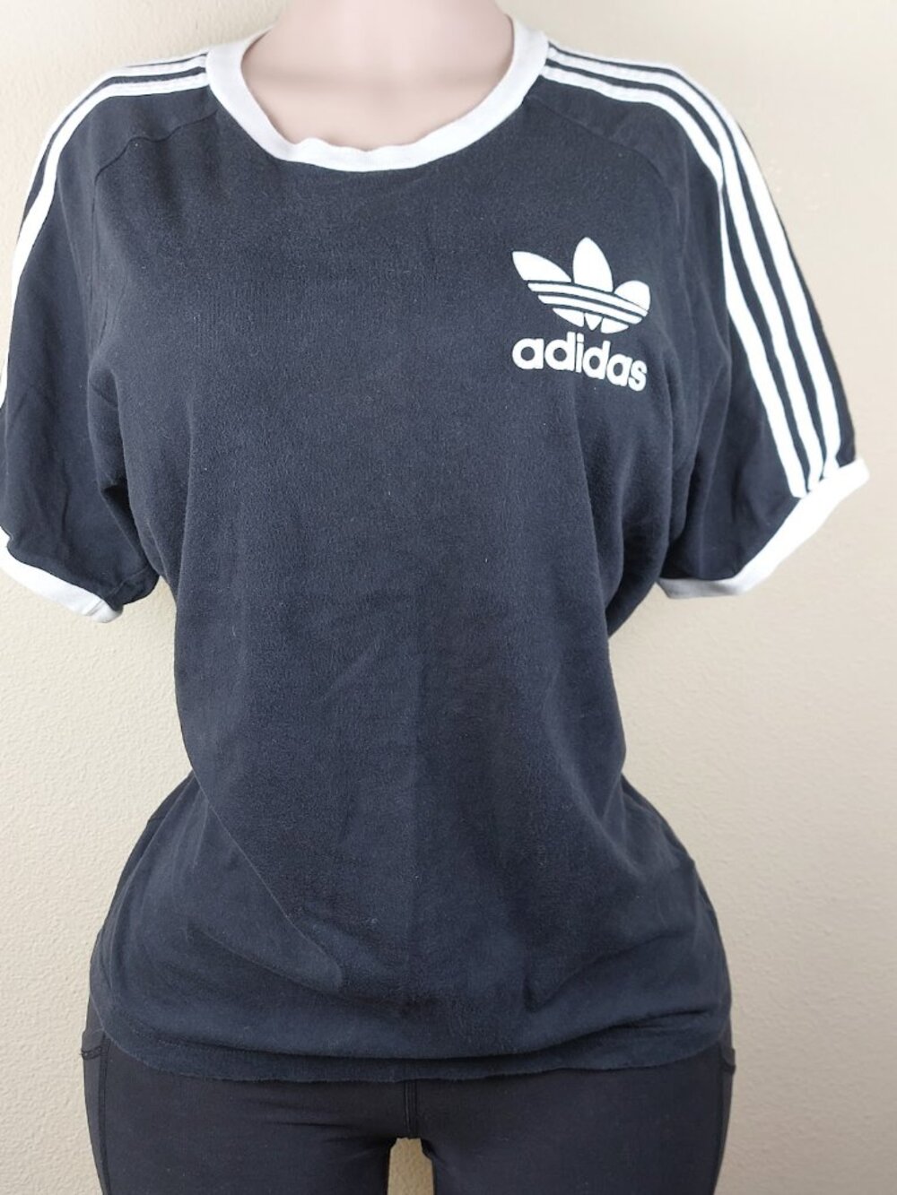 Adidas Women's Black White 3-Stripes Short Raglan Sleeve T-Shirt Size L - Picture 2 of 9